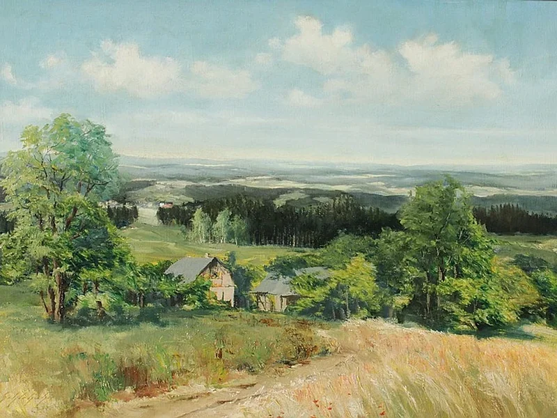 1870-Albin Schlehahn - Paesaggio panoramico con casale